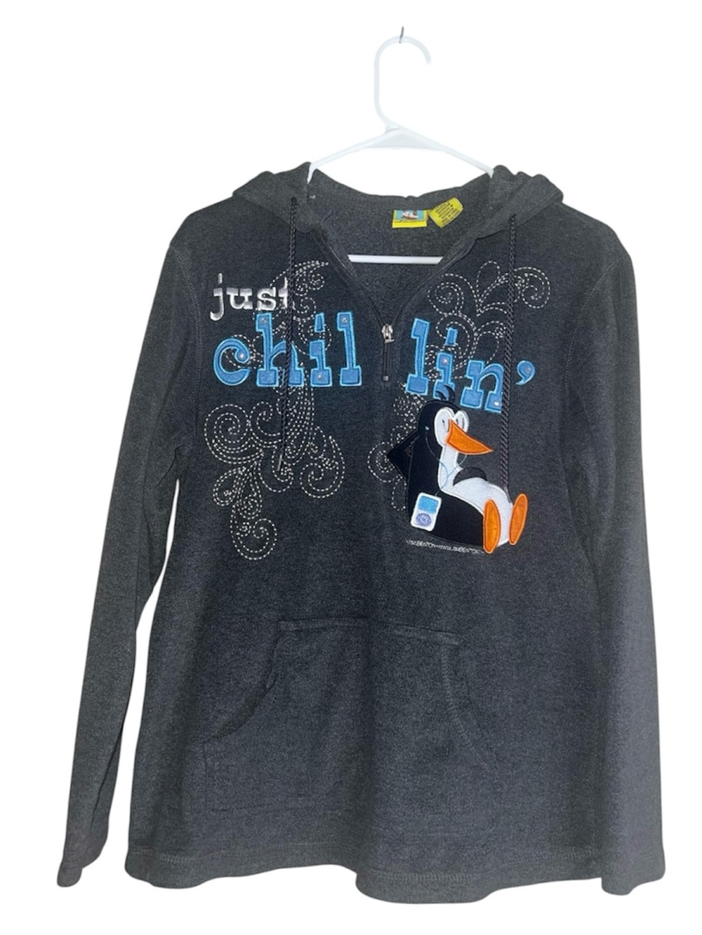 VTG Jim Benton Kids Gray Just Chillin  Penguin Graphic Hoodie Sz S